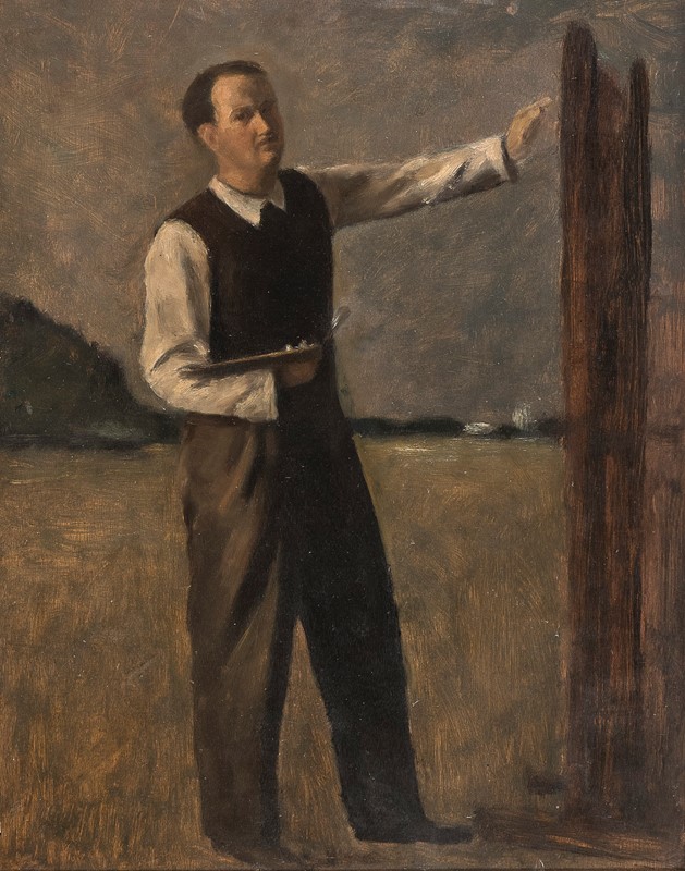 Francesco Di Cocco, Autoritratto in paesaggio mentre dipinge, 1930 Olio su tavola, cm. 70 x 55